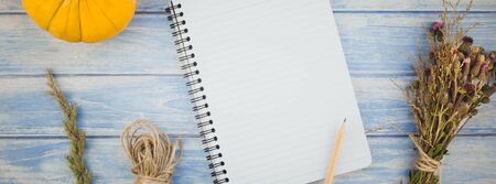 Long wide banner Top view of autumn orange pumpkins and dry flowers with grass background over blue toned wooden table with notebook mock up and copy space in rustic styleの写真素材