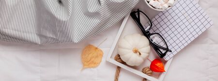 Creative Top view flat lay sill life autumn composition Hot cacao coffee chocolate marshmallows mug pumpkins glasses tray bed Concept fall cozy warm home comfort morning natural light Long wide bannerの写真素材