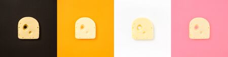 Cheese piece collage in Creative conceptual top view flat lay set of color squares with copy space isolated on bold orange, pink, black, white background in minimal styleの写真素材
