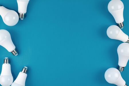 Energy-saving and eco-friendly life in conceptual frame pattern. Creative top view flat lay of LED...
