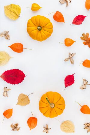 Creative Top view flat lay autumn composition. Pumpkins dried orange flowers leaves background copy space. Template frame fall harvest thanksgiving halloween anniversary invitation cardsの写真素材