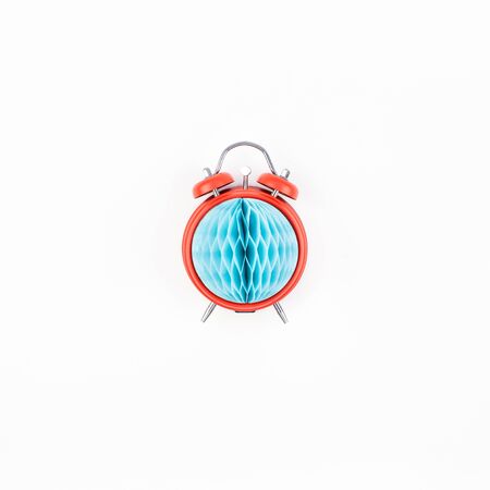 Birthday or baby shower party invitation card template. Red alarm clock with blue honeycomb paper...