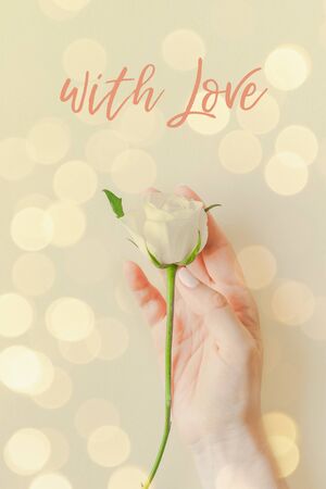 Creative top view postcard woman hand holding fresh white rose, text with Love on pastel paper background with bokeh. Template holiday postcard wedding invitation card