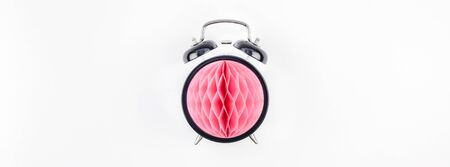 Birthday or baby shower party invitation card template. Black alarm clock with pink honeycomb paper...