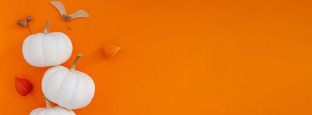 Autumn flat lay composition with white pumpkins and dry leaves on bold orange color background. Creative autumn, thanksgiving, fall, halloween concept. Top view, copy spaceの写真素材