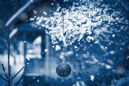 Christmas ball on a tree branch in a snowy garden. Color of the year 2020 classic blue monochrome tonedの写真素材