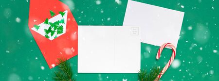 Creative New Year or Christmas greetings letter mockup flat lay top view Xmas holiday celebration...