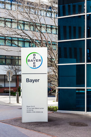 Bayer AG, German multinational pharmaceutical and life sciences company, one of largest pharmaceutical companies in world brand, logo on its office building located in Lyon, France - February 23, 2020のeditorial素材