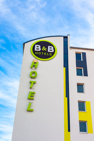 B&B logo at hotel building located in Lyon, France on bright blue sky background with copy space. Lyon, France - February 23, 2020