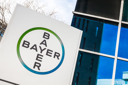 Bayer AG, German multinational pharmaceutical and life sciences company, one of largest pharmaceutical companies in world brand, logo on its office building located in Lyon, France - February 23, 2020のeditorial素材