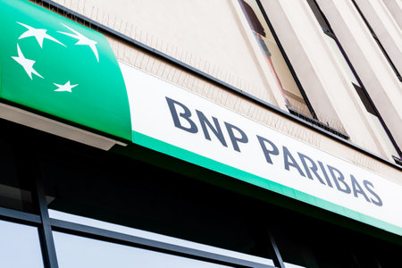 BNP Paribas S.A., French international banking and financial services group brand logo on its office building located in Bialystok, Poland - February 16, 2020のeditorial素材