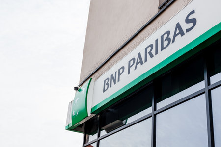 BNP Paribas S.A., French international banking and financial services group brand logo on its office building located in Bialystok, Poland - February 16, 2020のeditorial素材