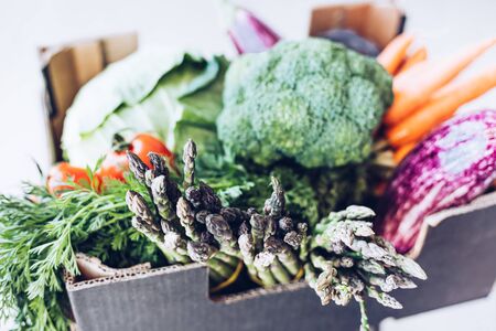 Fresh organic greens and vegetables safe contactless delivery during coronavirus Covid-19 pandemic outbreak. Box with grocery delivering left in the house doorwayの写真素材