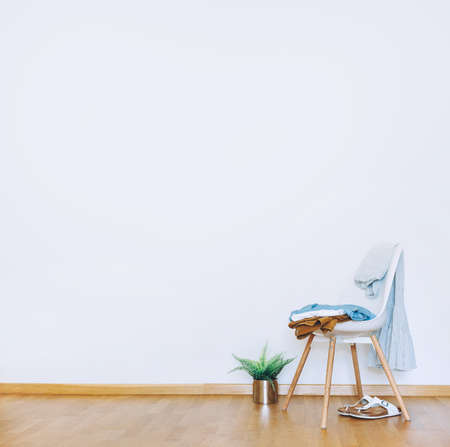 Indoors flat wall mockup with green potted houseplant and Clothes over Chair in minimalist style....