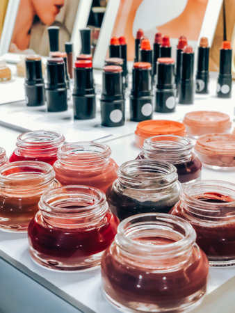 Makeup cosmetics beauty products: tint jars, facial powder, lipstick closeup on local brands market store. natural light. vertical shotの写真素材