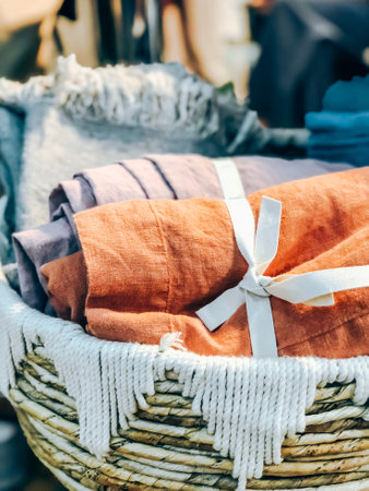 Natural linen textile products selling during local market. Sustainable lifestyle and conscious consumption conceptの写真素材