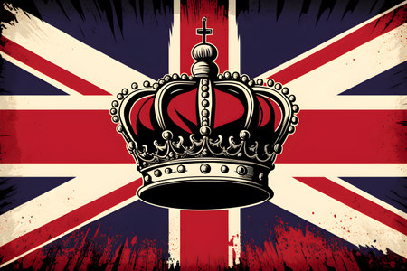 United Kingdom UK Royal Crown on Great Britain flag background as concept of monarchy and King Charles coronation. AI Generative contentの素材
