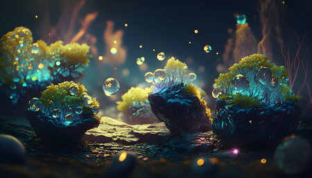 Magical iridescent crystals in dark mystery forest with sparkling glow and golden glimmer in the dark. Fairy tale or dream natural background. AI Generative contentの素材