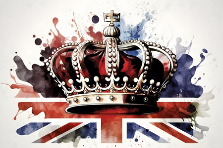 United Kingdom UK Royal Crown on Great Britain flag background as concept of monarchy and King Charles coronation. watercolor illustration. AI Generative contentの素材