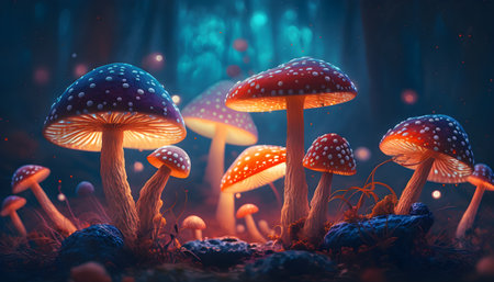 Magical iridescent mushrooms in dark mystery forest with sparkling glow and golden glimmer in the dark. Fairy tale or dream natural background. Hallucinogen psychedelics fungi. AI Generative contentの素材