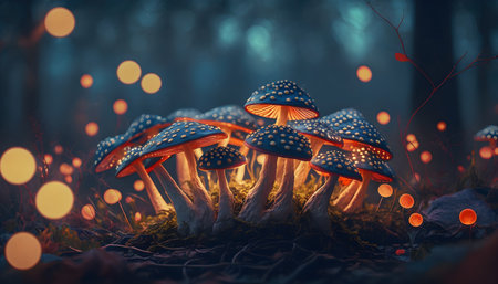 Magical iridescent mushrooms in dark mystery forest with sparkling glow and golden glimmer in the dark. Fairy tale or dream natural background. Hallucinogen psychedelics fungi. AI Generative contentの素材