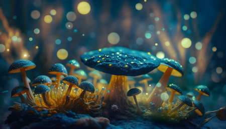 Magical iridescent mushrooms in dark mystery forest with sparkling glow and golden glimmer in the dark. Fairy tale or dream natural background. Hallucinogen psychedelics fungi. AI Generative contentの素材