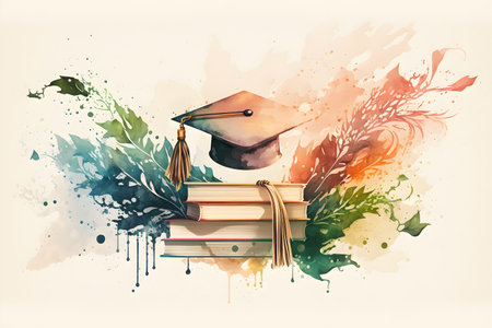 Graduation watercolor illustration background with graduation hat and books. AI Generative contentの素材