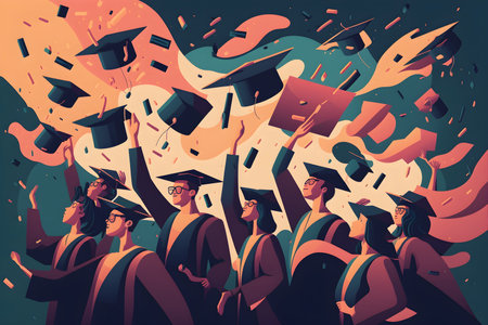 Graduation illustration background with celebrating students. AI Generative contentの素材