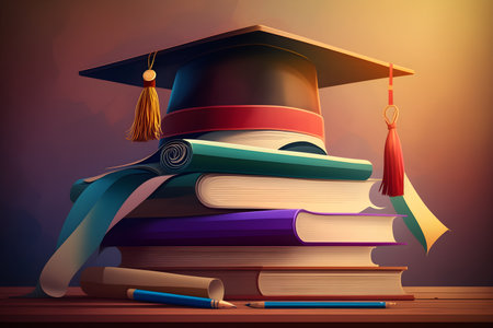 Graduation illustration background with graduation hat and books. AI Generative contentの素材