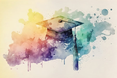 Graduation watercolor illustration background with graduation hat and books. AI Generative contentの素材