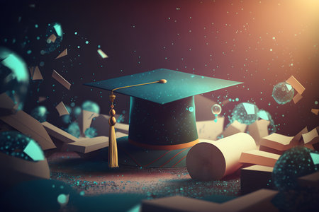 Graduation illustration background with graduation hat and books. AI Generative contentの素材
