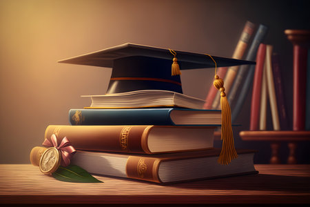Graduation illustration background with graduation hat and books. AI Generative contentの素材