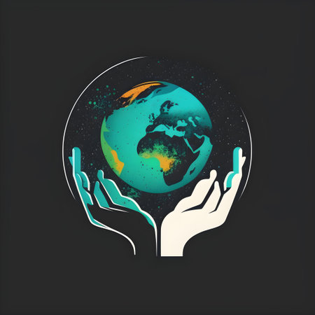 Earth Day minimalistic square emblem with simplified planet circle symbol in hands on black color background. Environmental care, nature protect or ecological concept. AI Generative contentの素材