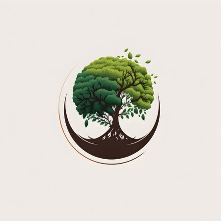 Earth Day minimalistic square emblem with simplified planet circle symbol, green tree on neutral color background. Environmental care, nature protect, ecological concept. AI Generative contentの素材