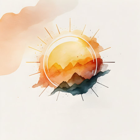 Earth Day minimalistic square watercolor emblem with simplified planet circle symbol, sushine and mountains outline on neutral color background. Environmental care, nature beauty or ecological concept. AI Generative contentの素材