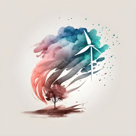 Renewable energy and ecological innovations minimalistic watercolor square emblem concept with wind turbines in farm field. Environmental care, alternative energy Earth Day. AI Generative contentの素材