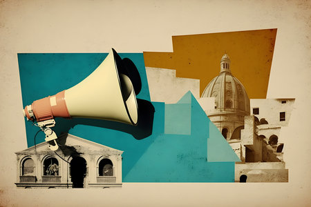 Ancient architectural building with retro large megaphone speaker and retro color paper cuts as abstract contemporary art collage. AI Generative contentの素材