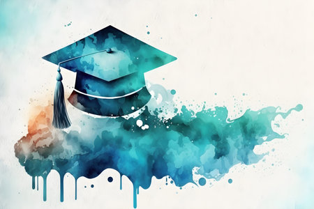 Graduation watercolor illustration background with graduation hat and books. AI Generative contentの素材