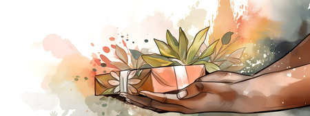 POC woman hands holding gift and flowers bouquet. Happy Mother's day, Women's day, Valentine's Day greeting card. watercolor illustration. Romantic, relationship, love concept. AI generated contentの素材