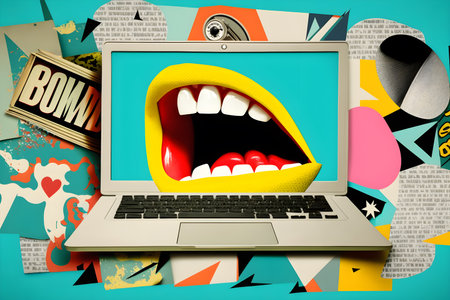 Laptop screen with speaking giant mouth and mess of color paper cutouts with halftone effect and grungy look as abstract contemporary pop art collage. Bright bold colors. AI Generative contentの素材