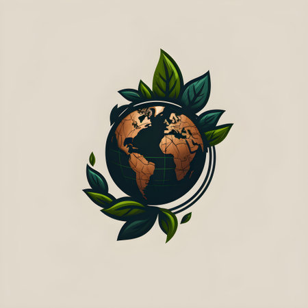 Earth Day minimalistic square emblem with simplified planet circle symbol green leaves on neutral color background. Environmental care, nature protect or ecological concept. AI Generative contentの素材