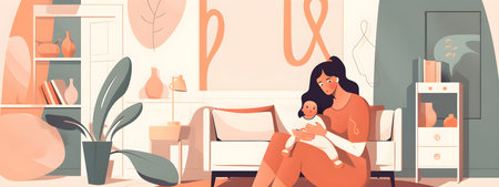 Mothers Day greeting banner Corporate Memphis flat style illustration with young mother and her child at home. AI generated contentの素材