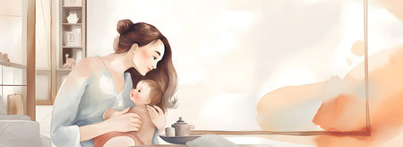 Mothers Day greeting banner watercolor style illustration with young mother and her child at home. AI generated contentの素材