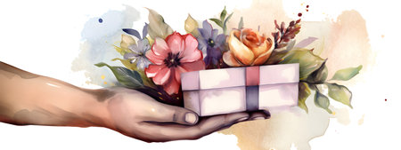 POC woman hands holding gift and flowers bouquet. Happy Mothers day, Women day, Valentines Day greeting card. watercolor illustration. Romantic, relationship, love concept. AI generated contentの素材