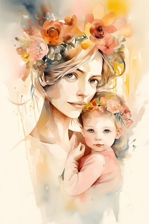 Mothers Day greeting card watercolor style vertical illustration with young mother and her child on floral background. AI generated contentの素材