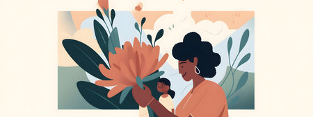 Mothers Day wide long banner illustration with POC people of color mother and her child with flowers. AI generated contentの素材