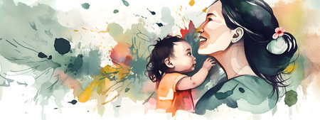 Mothers Day wide long banner watercolor style illustration with young POC people of color mother and her child on copy space background. AI generated contentの素材