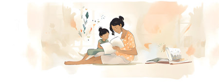 Mothers Day wide long banner watercolor style illustration with young POC people of color mother reading to her child on copy space background. AI generated contentの素材