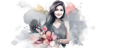 Asian woman holding flowers bouquet. watercolor illustration. Happy Mothers day, Women day, Teachers Day, Valentines Day long wide banner with copy space. AI generated contentの素材