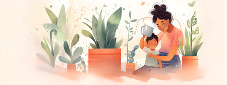 Mothers Day banner watercolor style illustration with young POC people of color mother and her child watering their home plants green garden. background with copy space. AI generated contentの素材